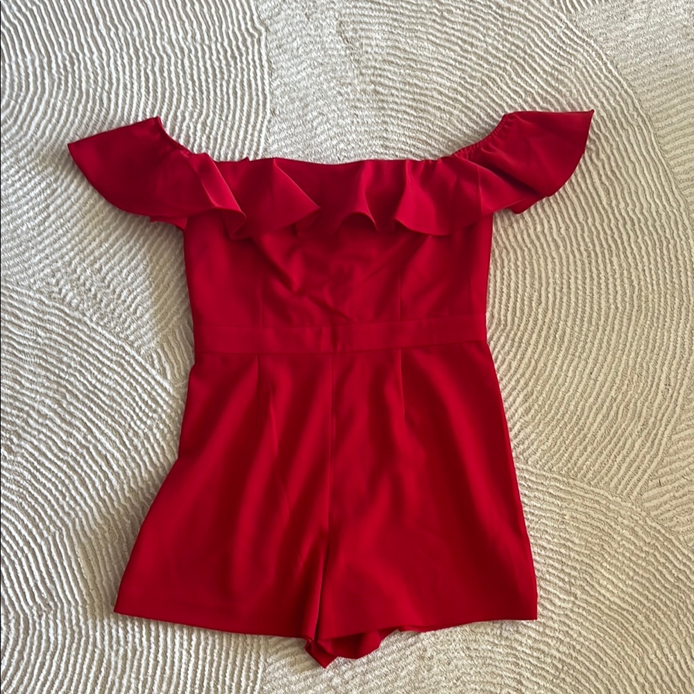 JAYGODFREY Red Ruffled Off-Shoulder Jumpsuit